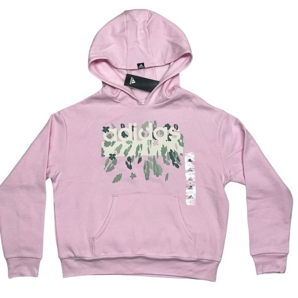 Adidas Graphic Loose Fleece pullover Hoodie pink w green graphics size L 14